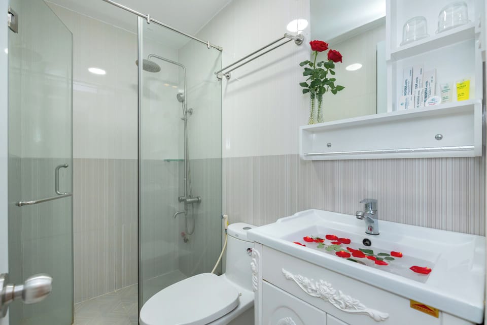Shower, rainfall showerhead, hair dryer, slippers