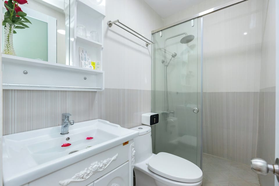 Shower, rainfall showerhead, hair dryer, slippers