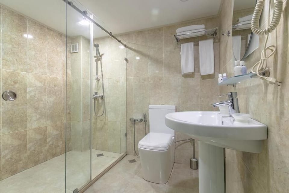 Shower, free toiletries, hair dryer, slippers