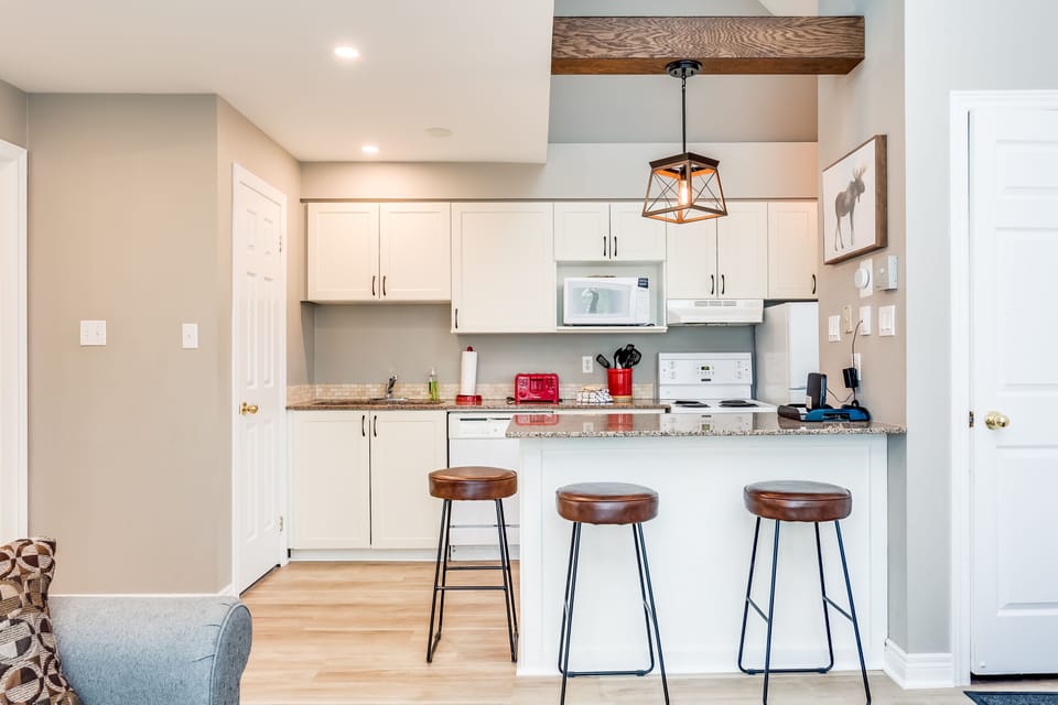 Seating area around the kitchen island. 