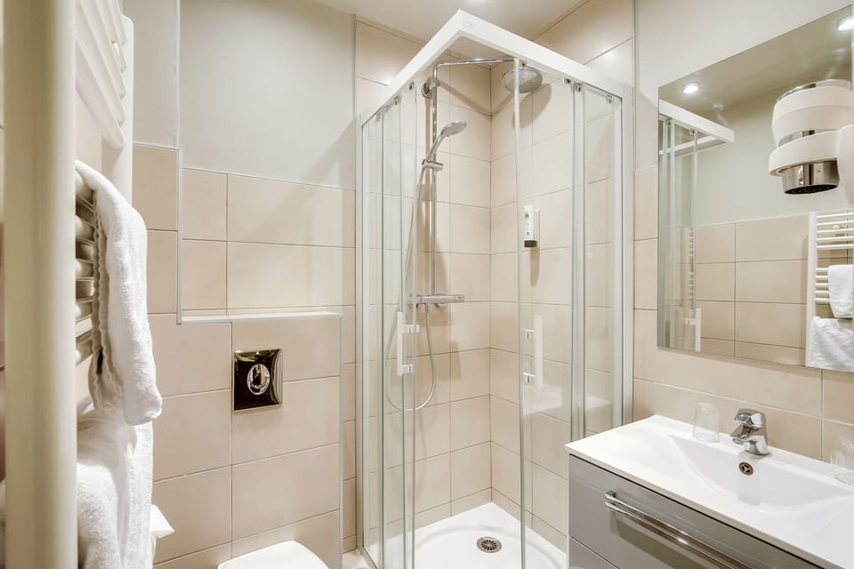 Shower, hair dryer, towels