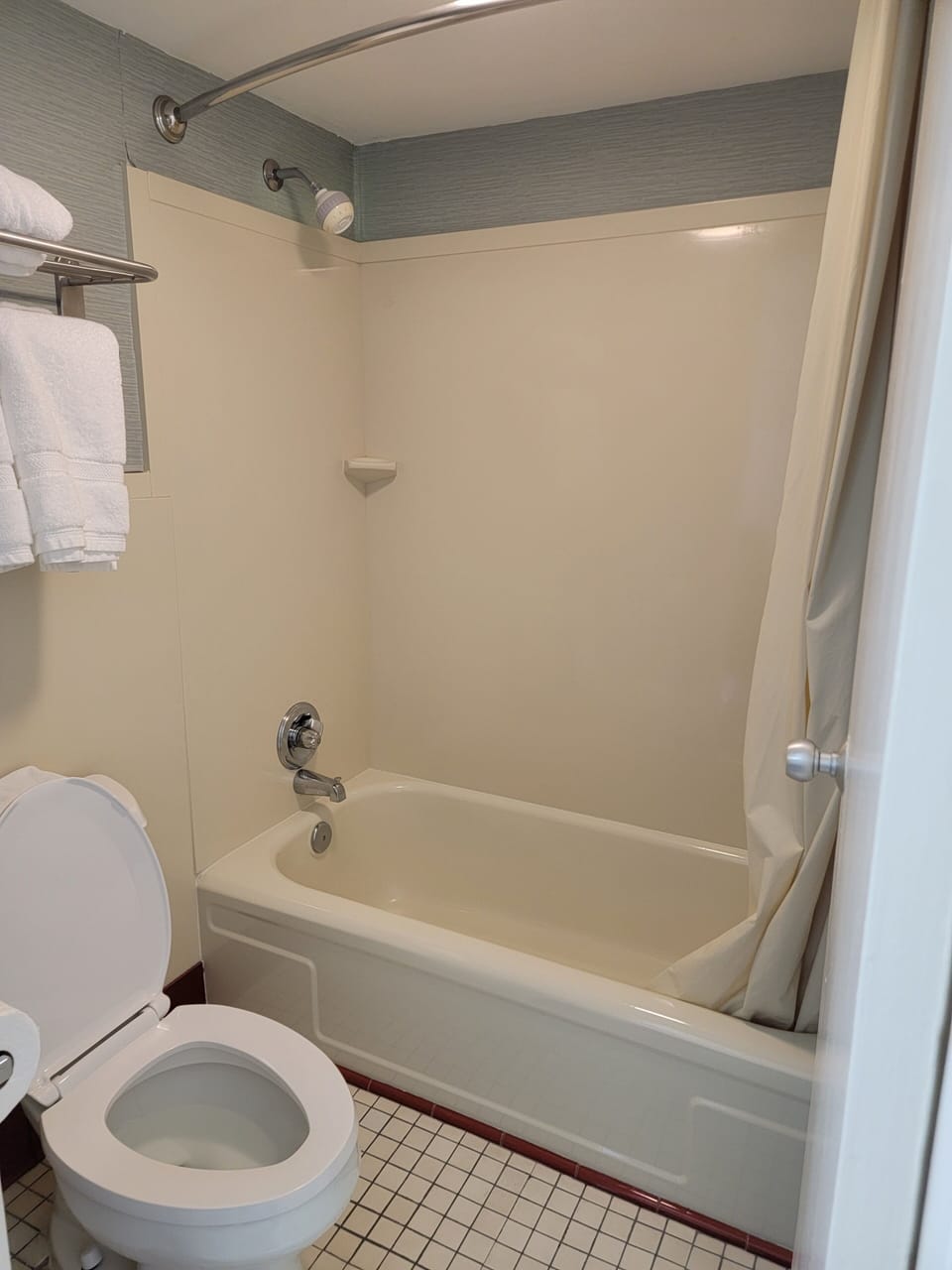 Combined shower/tub, free toiletries, hair dryer, towels