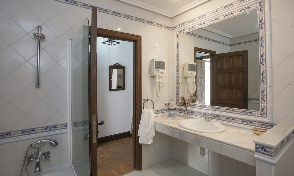 Combined shower/tub, towels, soap, shampoo