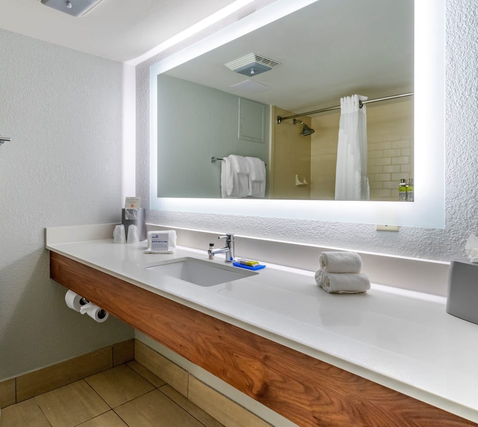 Combined shower/tub, eco-friendly toiletries, hair dryer, towels