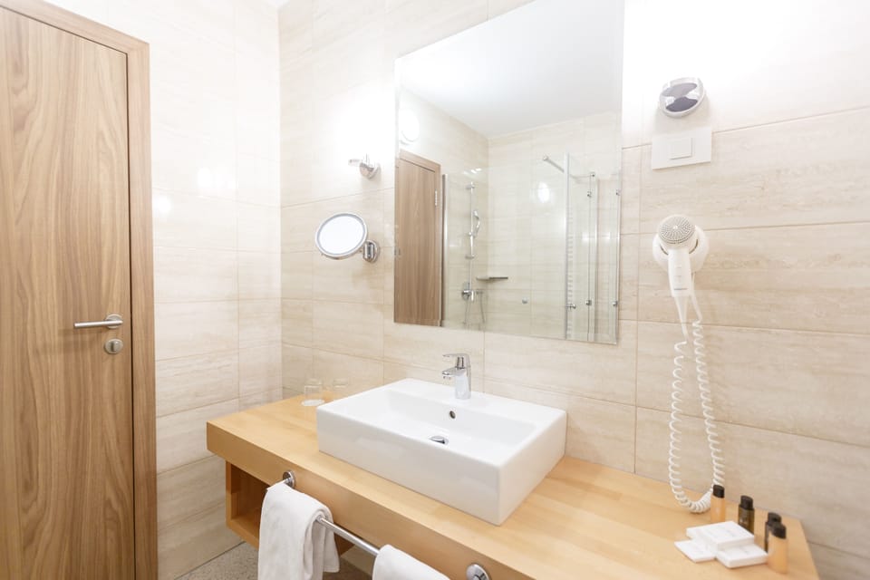 Combined shower/tub, free toiletries, hair dryer, towels