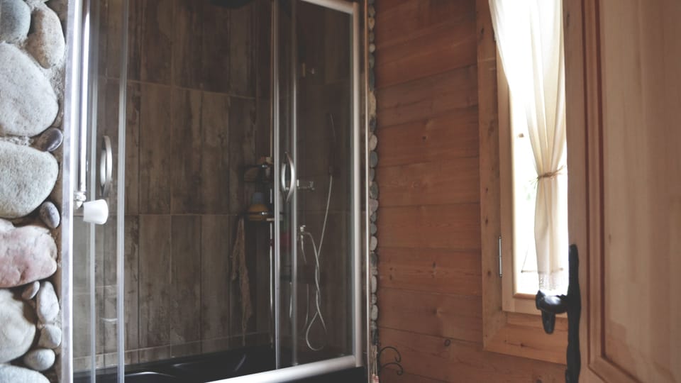 Shower, rainfall showerhead, free toiletries, hair dryer