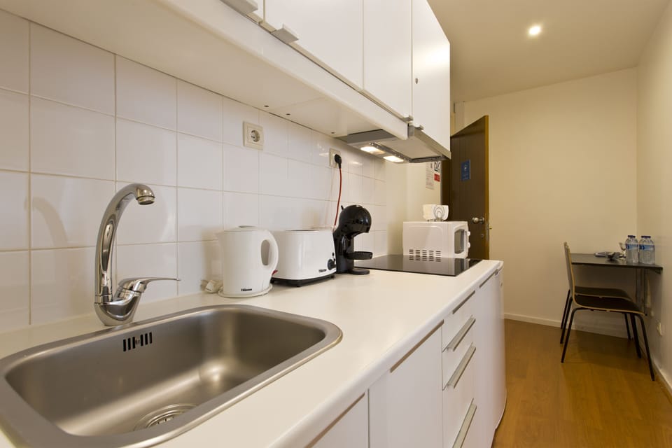 Fridge, microwave, stovetop, espresso maker