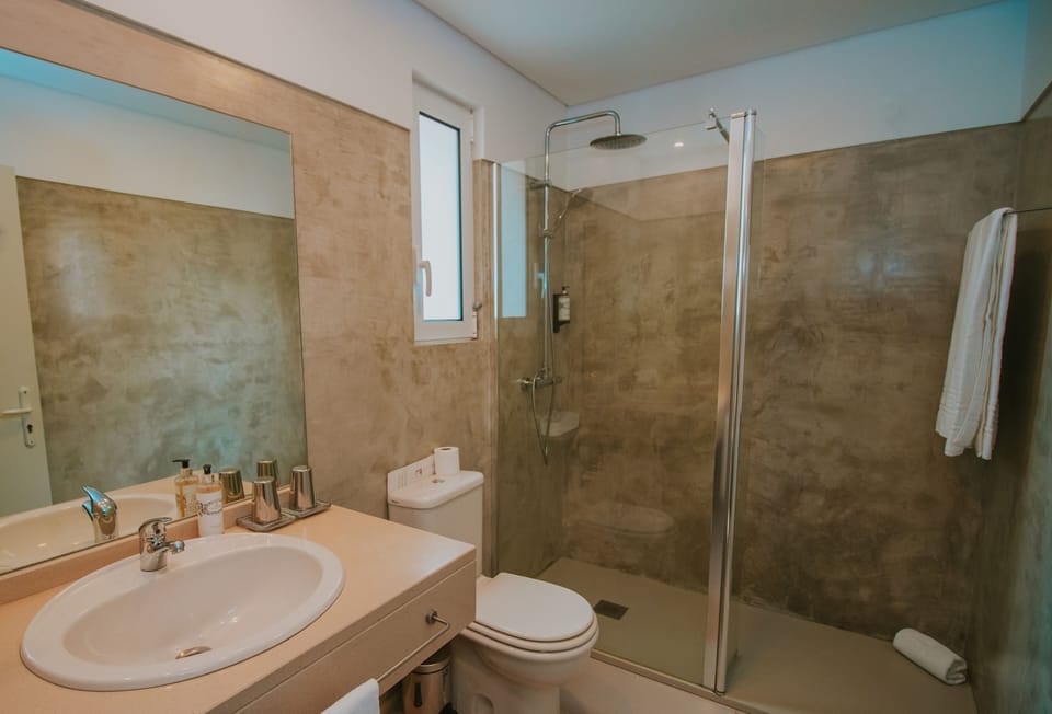 Shower, rainfall showerhead, hair dryer, bathrobes
