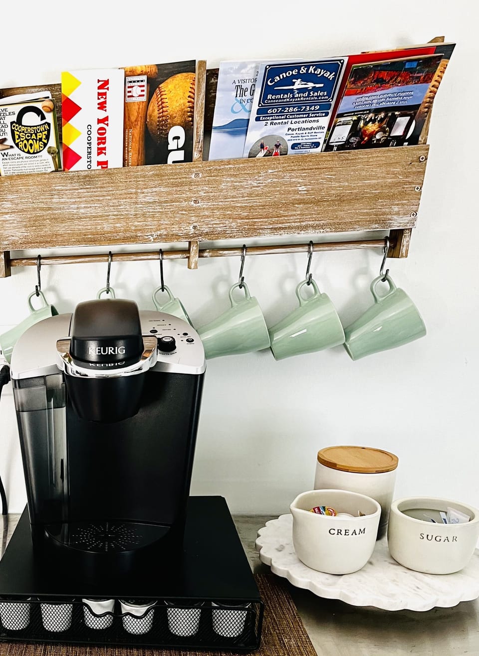 K- cups, tea bags, creamer and sweeteners provided.
