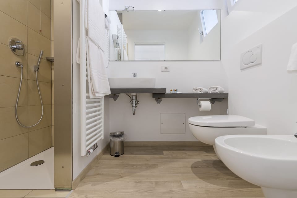 Shower, free toiletries, hair dryer, bidet