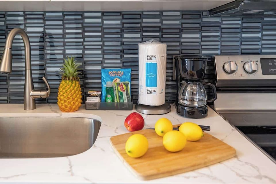 Our kitchen is newly remodeled, and comes equipped with a coffee maker, kettle, rice cooker, blender, and toaster