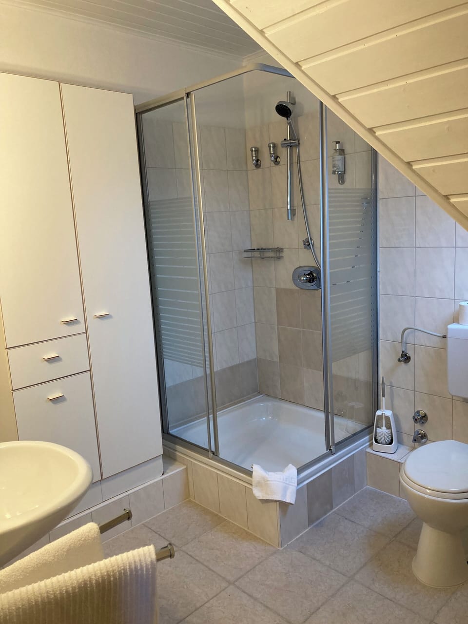 Shower, free toiletries, hair dryer, towels