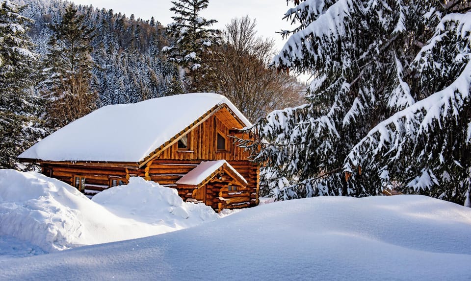 Log cabin, La Bresse, Vosges, summer and winter