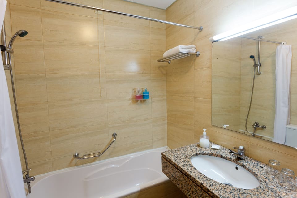 Combined shower/tub, hair dryer, bidet, towels