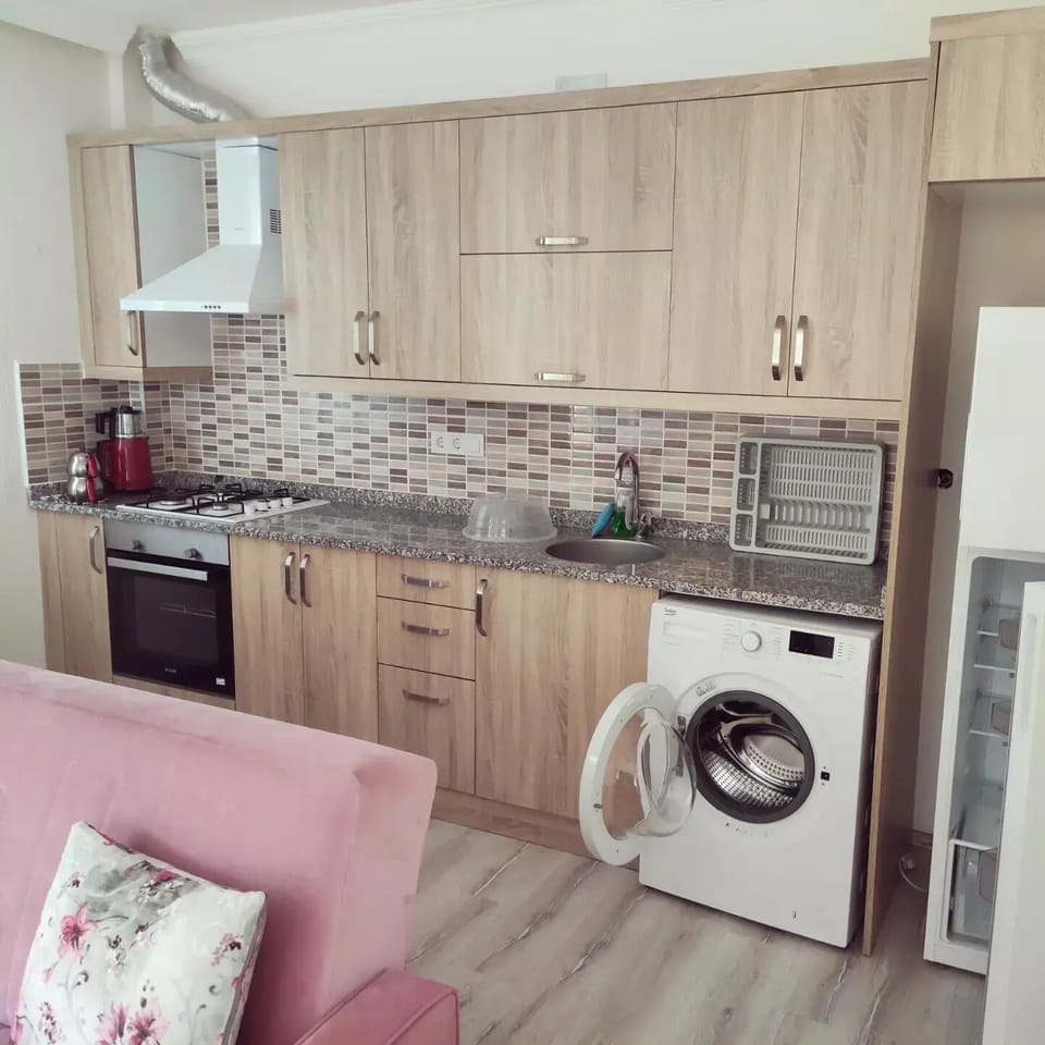 Full-size fridge, oven, stovetop, dishwasher