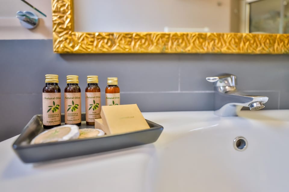 Shower, rainfall showerhead, free toiletries, hair dryer