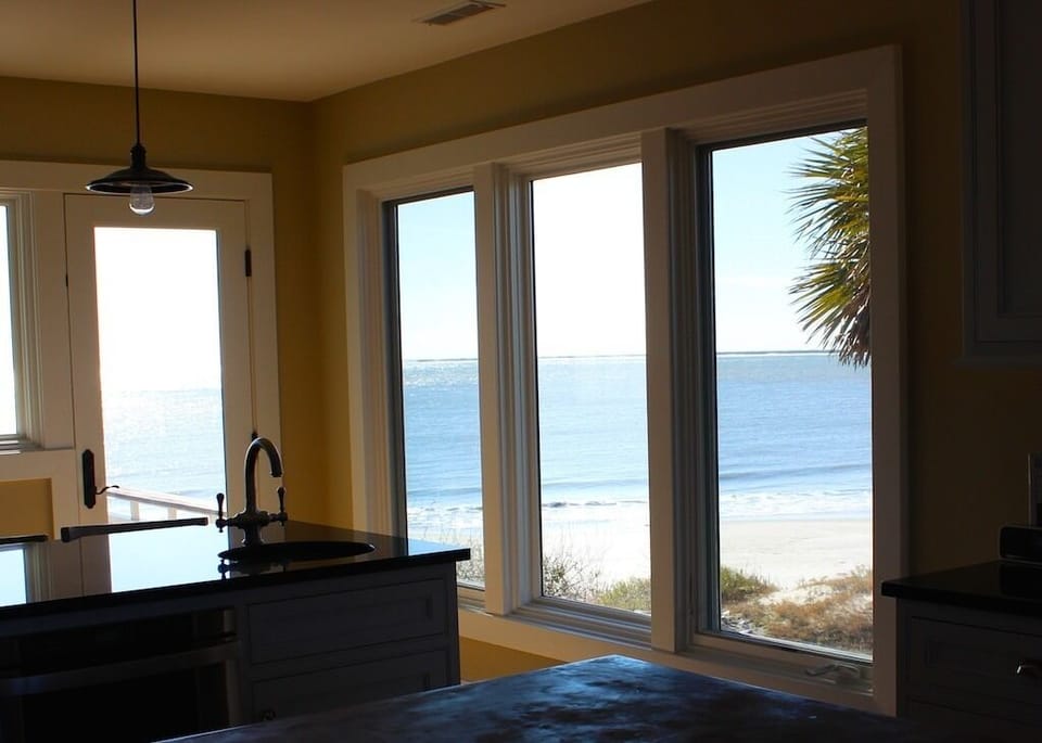 There are views of the beach and ocean from every part of this great room and kitchen.