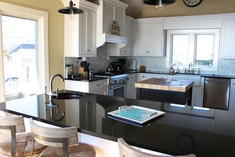 The gourmet kitchen has seating for 3 at the counter.
