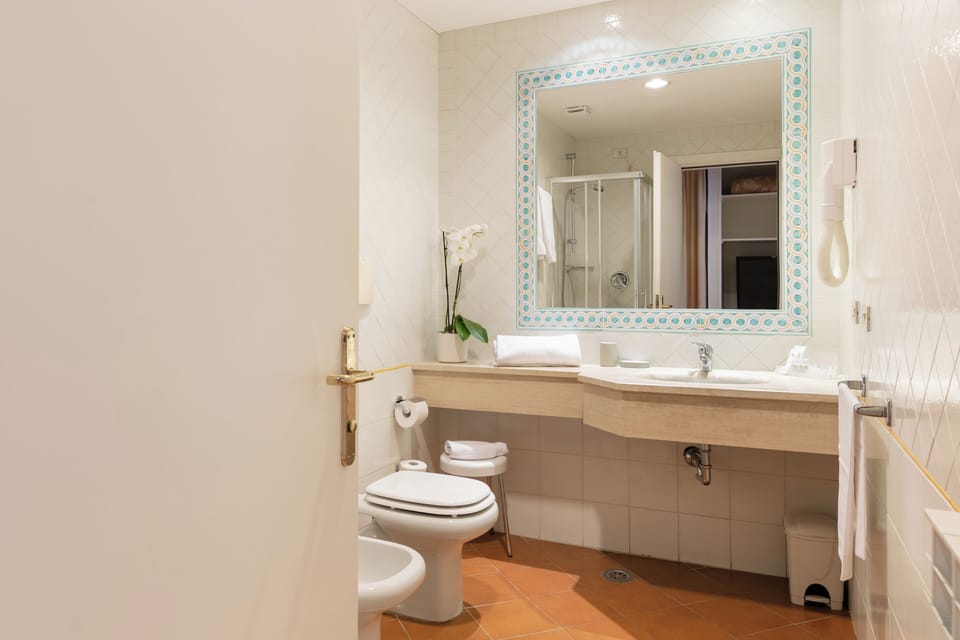 Free toiletries, hair dryer, bidet, towels