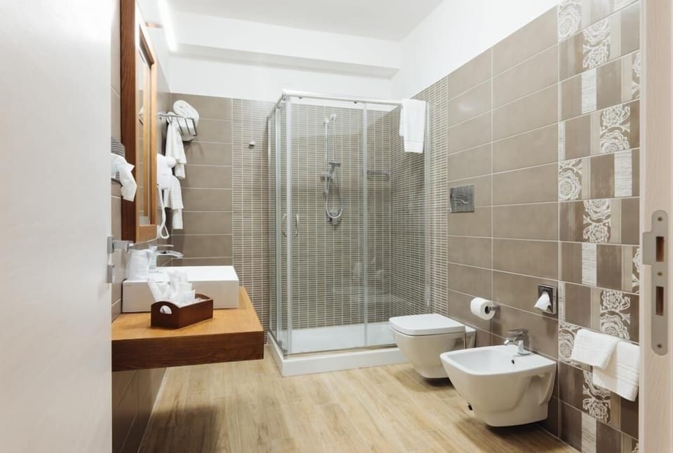 Shower, free toiletries, hair dryer, bathrobes