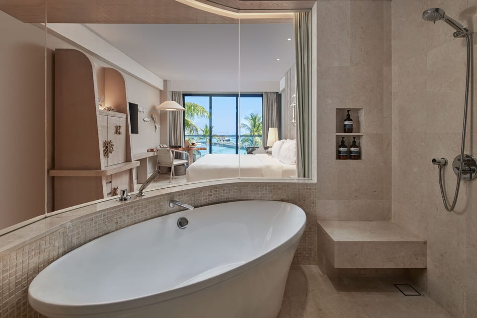 Separate tub and shower, deep soaking tub, hydromassage showerhead