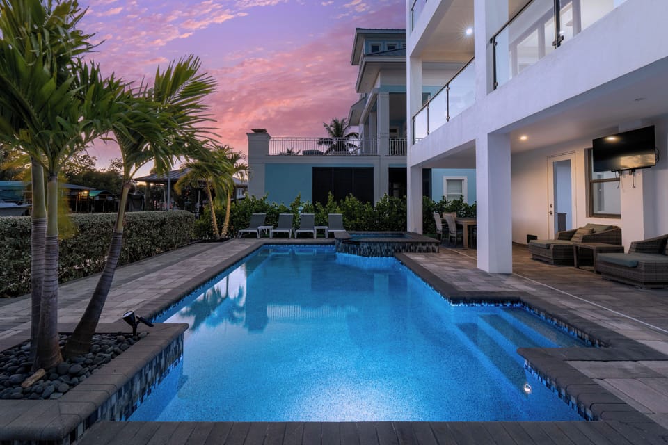 Heated pool with lights.