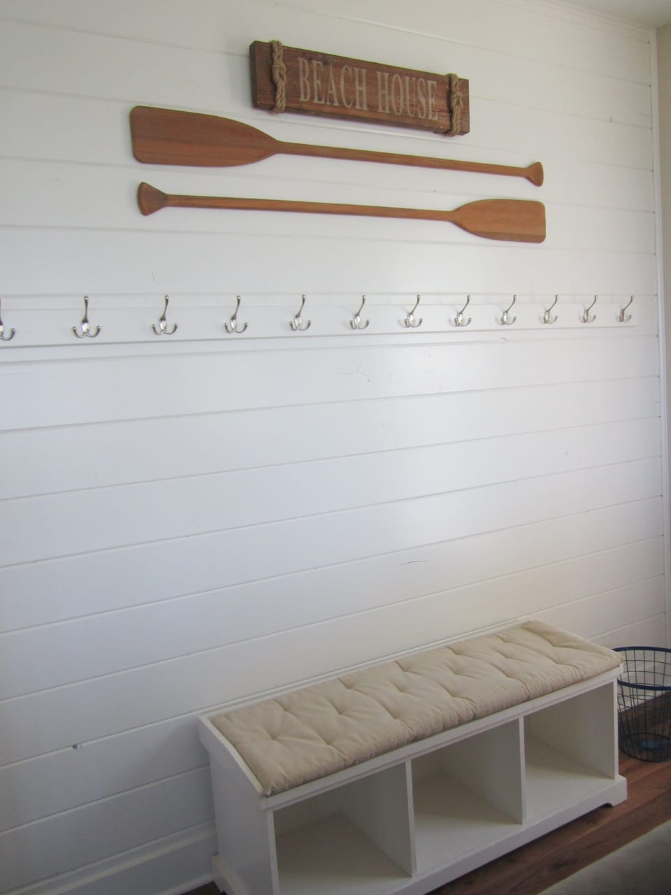 Hooks and Pottery Barn Bench Provide Perfect Spot for Jackets and Hoodies