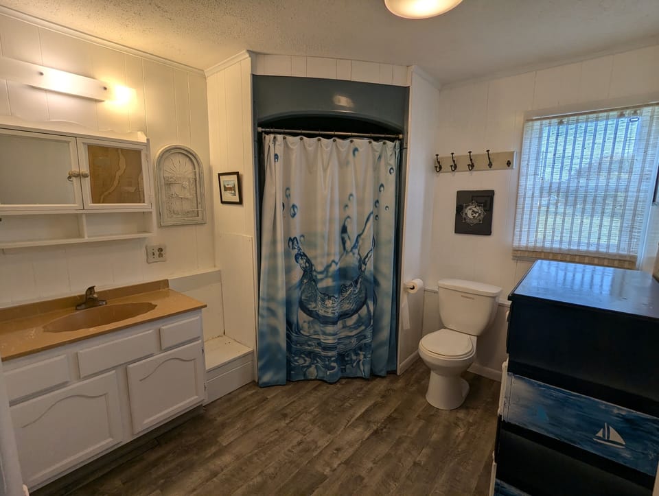 Guest cottage bathroom with tub and shower