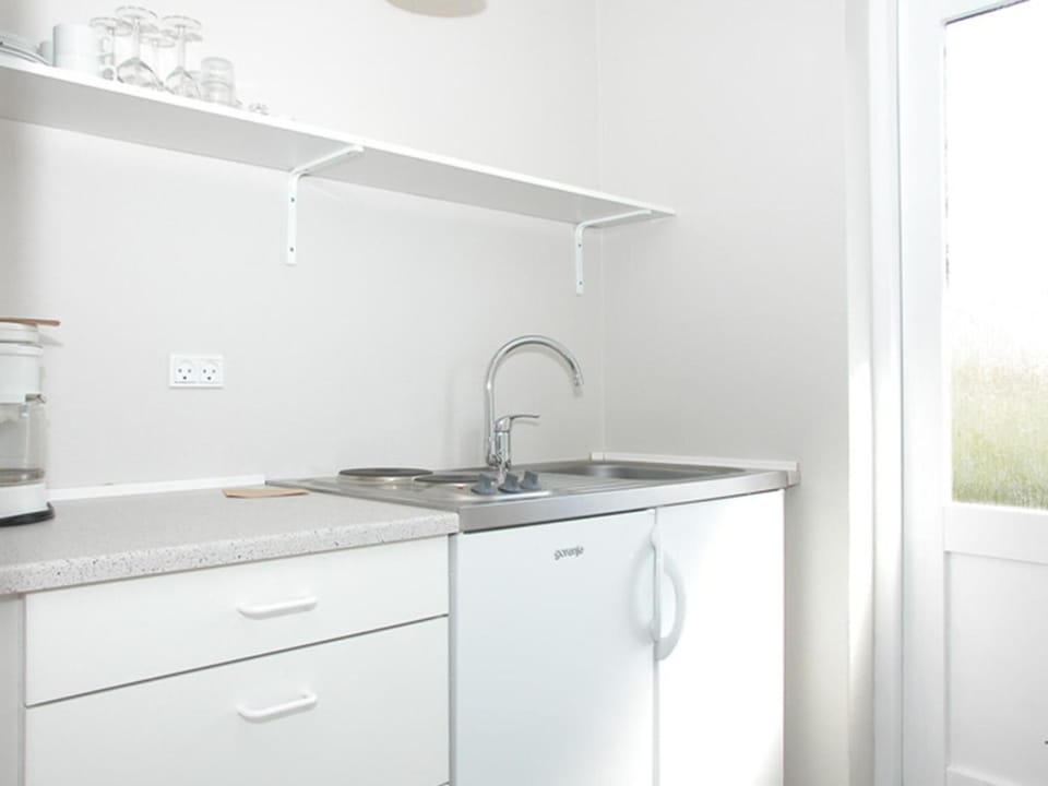 Fridge, stovetop, coffee/tea maker, electric kettle