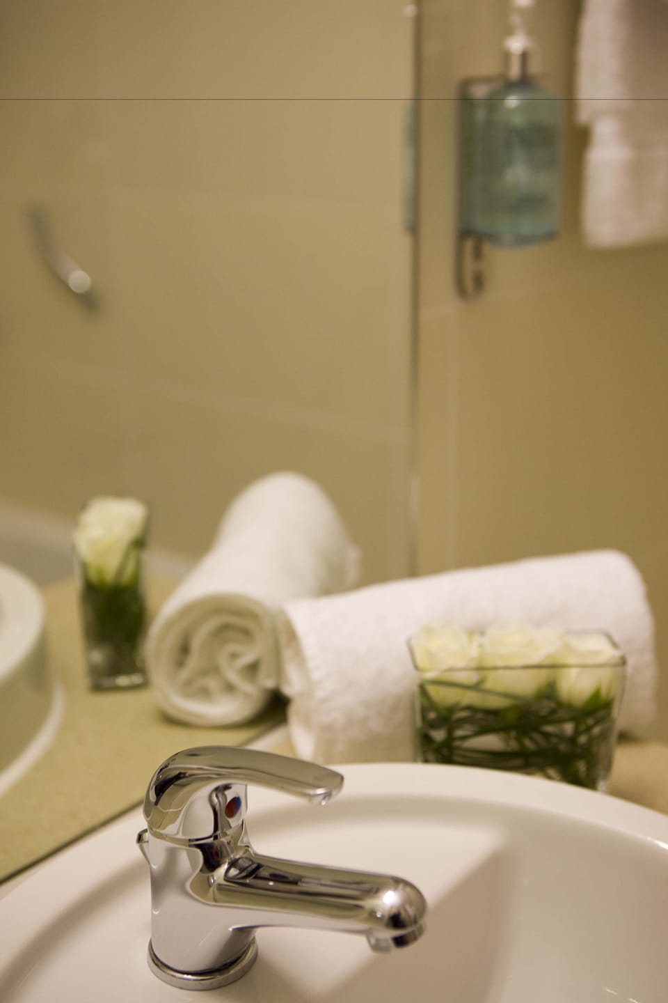 Combined shower/tub, deep soaking tub, hair dryer, towels