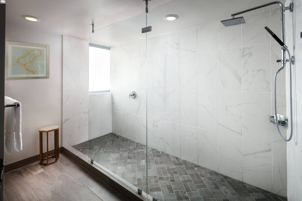 Combined shower/tub, free toiletries, hair dryer, towels