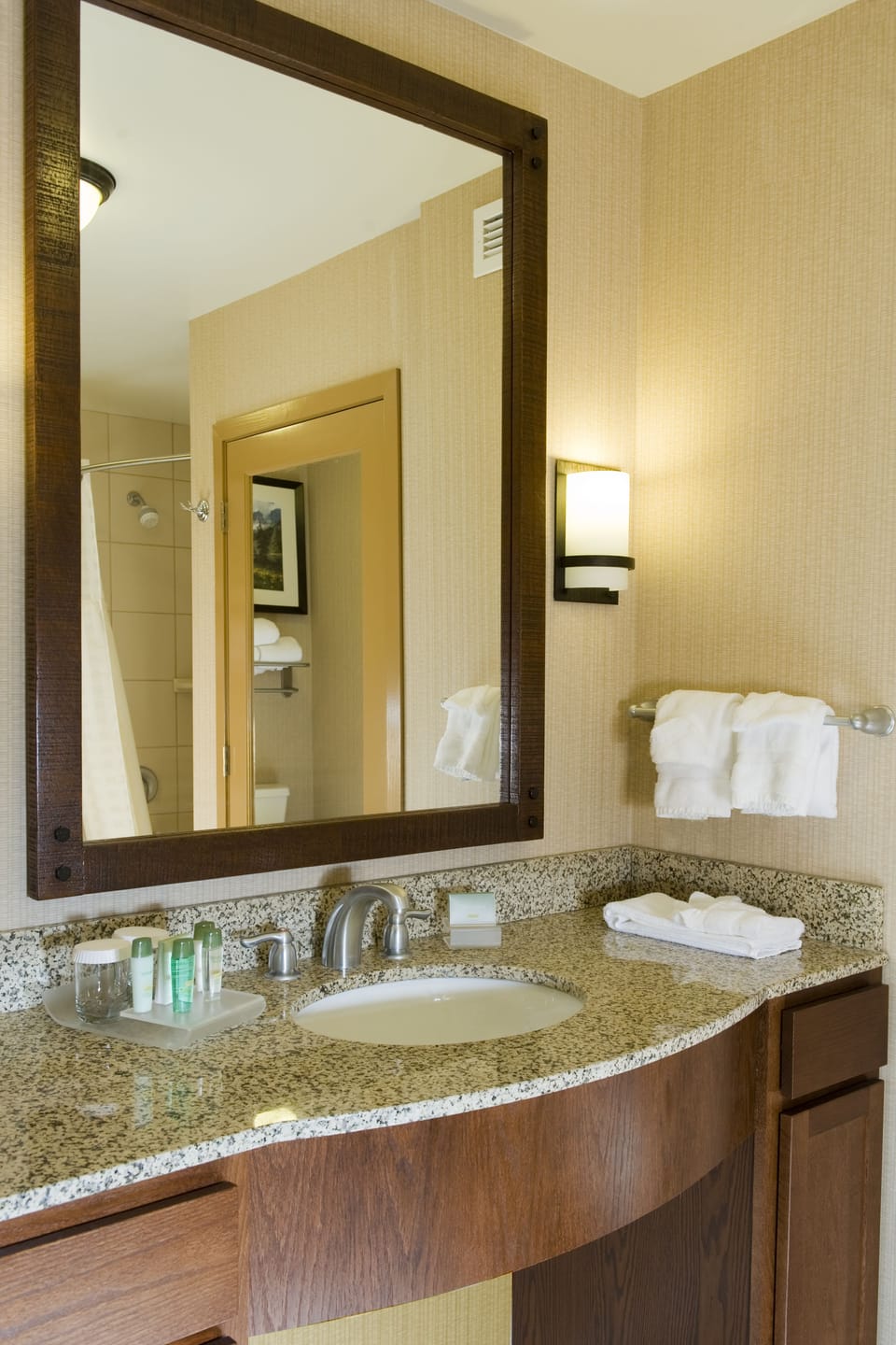 Combined shower/tub, free toiletries, hair dryer, towels