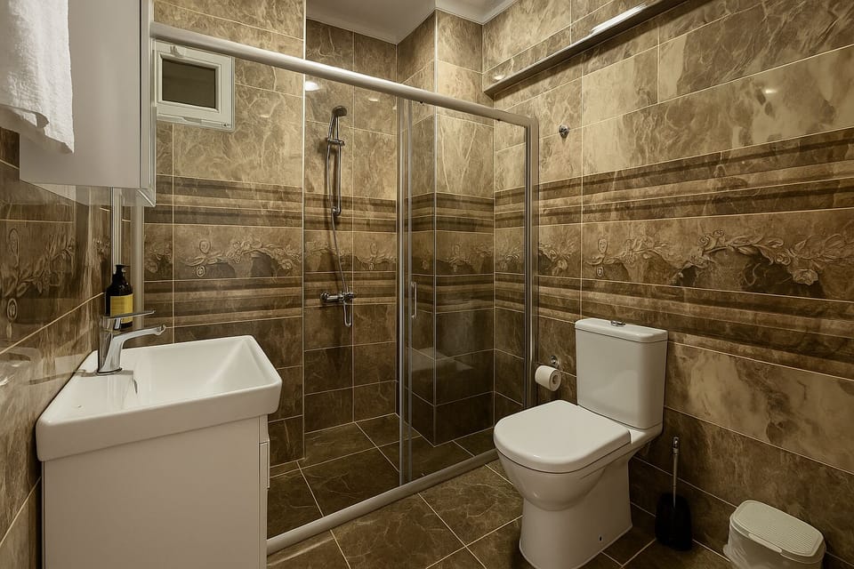 Shower, free toiletries, hair dryer, slippers