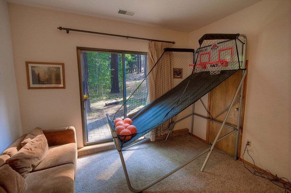 Game room with basketball arcade game, basketballs, sofa, sliding door, and patio view.