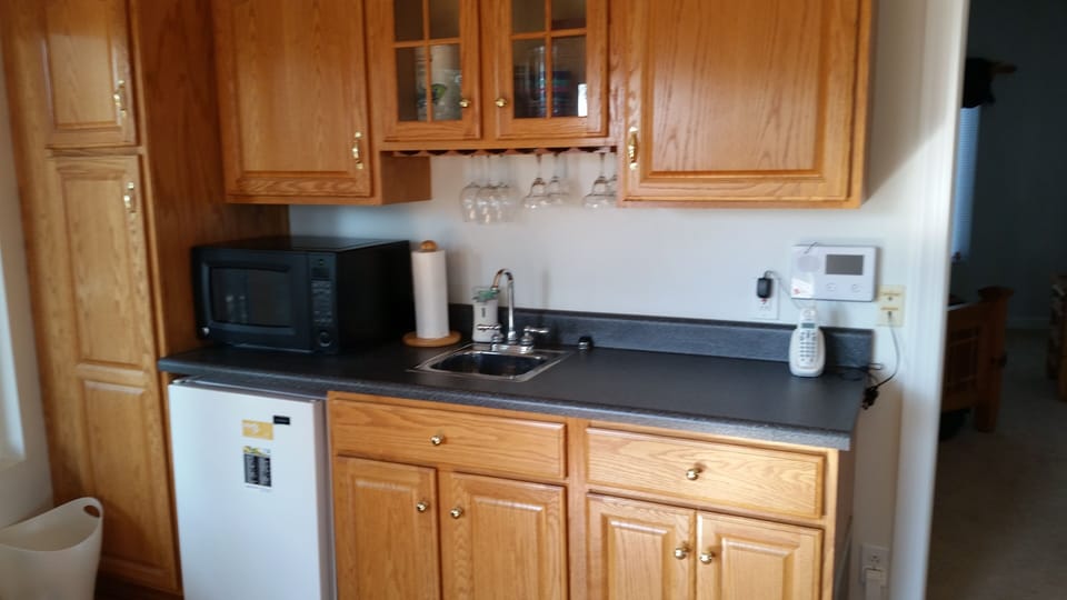wet bar with fridge and micro wave