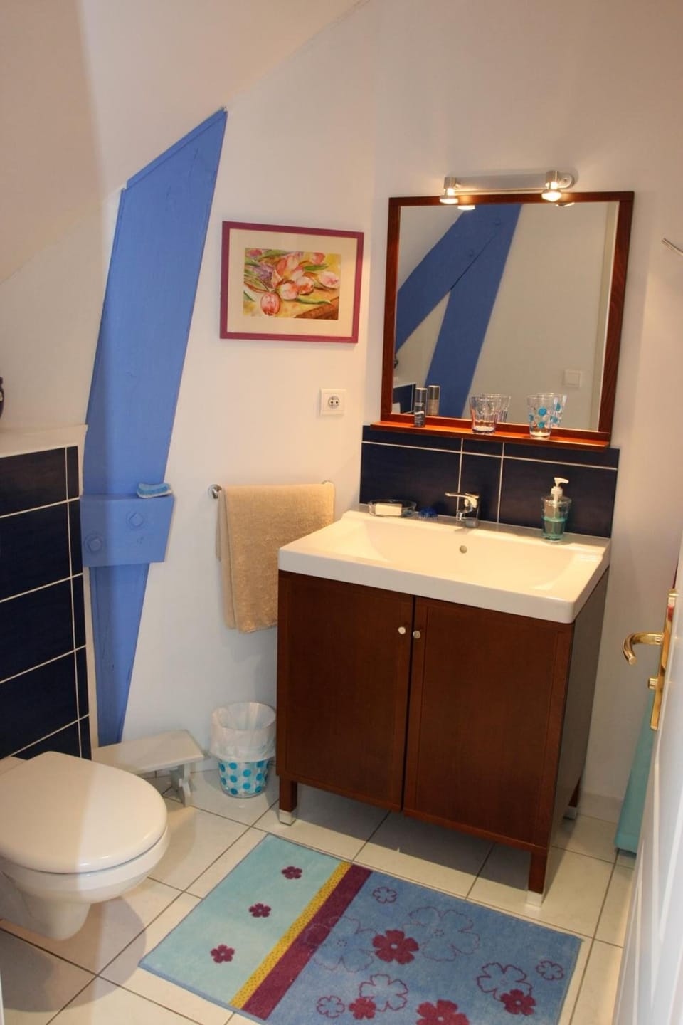 Shower, rainfall showerhead, free toiletries, hair dryer
