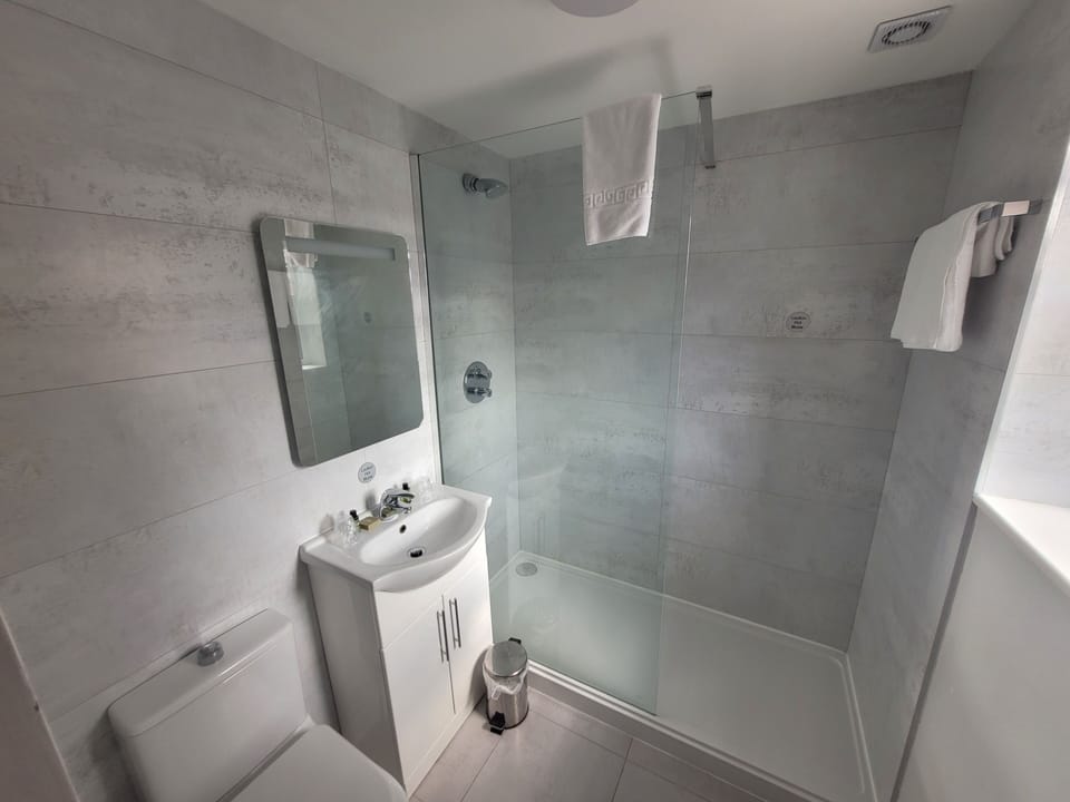 Shower, free toiletries, hair dryer, towels