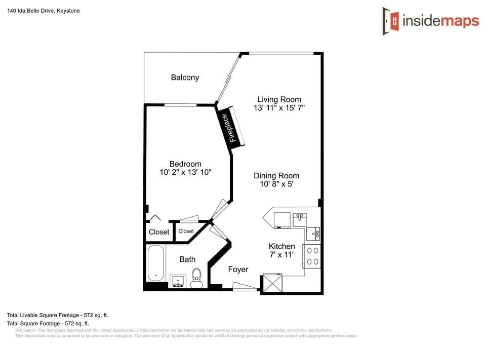 This well-designed floor plan showcases your open living space with kitchen, dining room, bedroom, and private balcony access.
