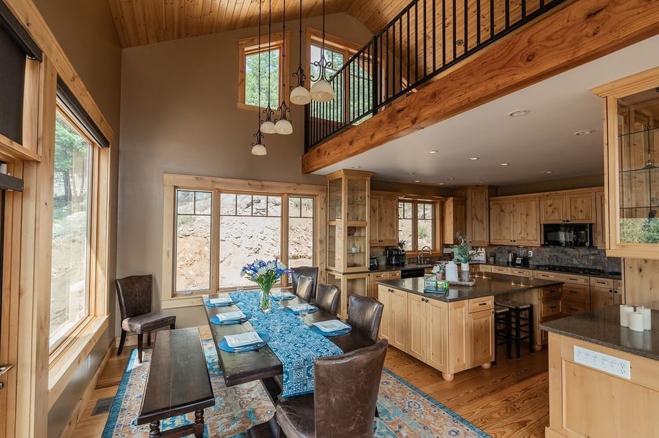 Dining room and kitchen with loft above