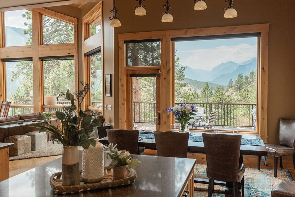 View from the kitchen and dining room into Rocky Mountain National Park