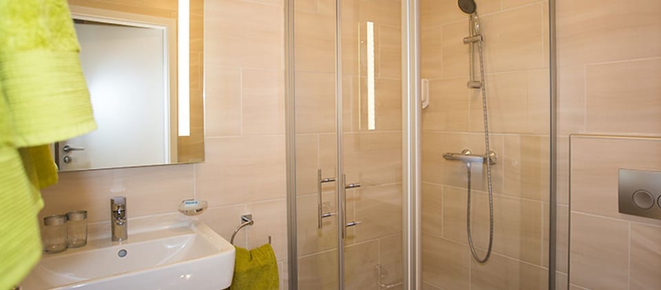 Shower, free toiletries, hair dryer, towels