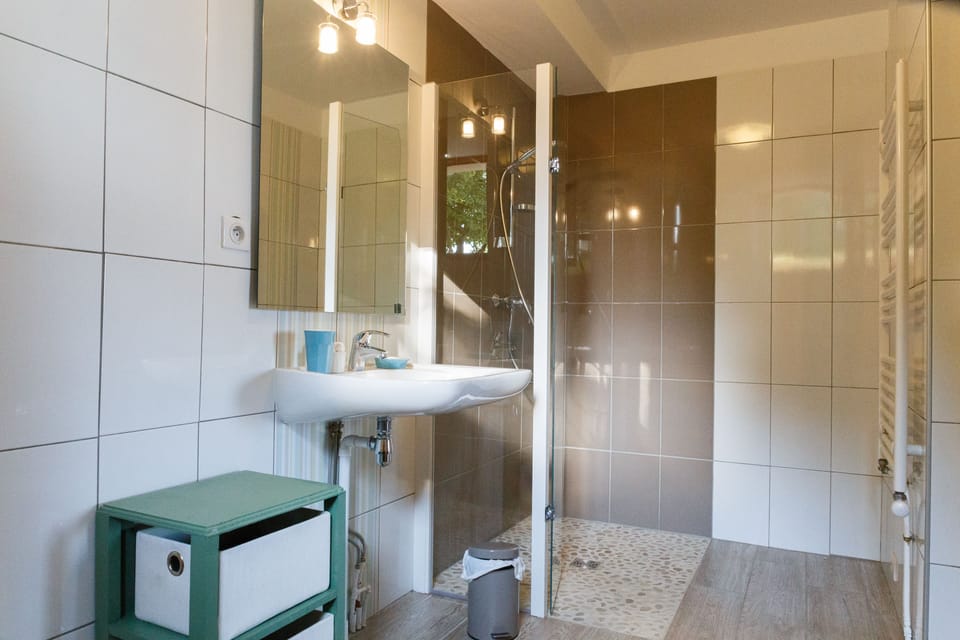 Double Room, Ground Floor (Cèdre) | Bathroom | Shower, rainfall showerhead, hair dryer, towels