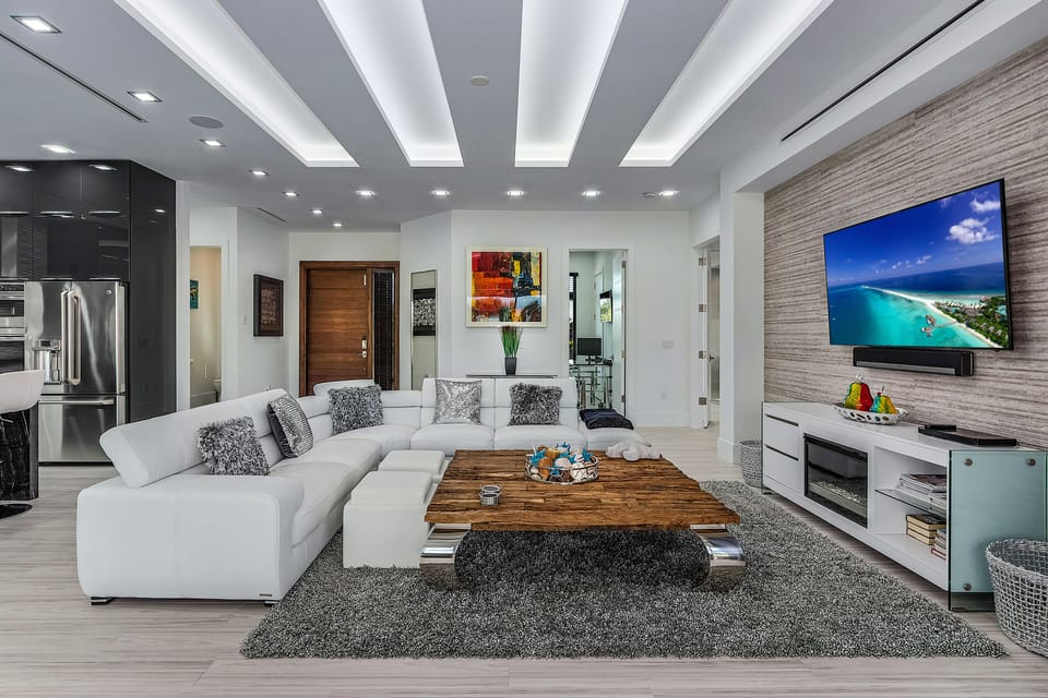 Flat-screen TV, fireplace