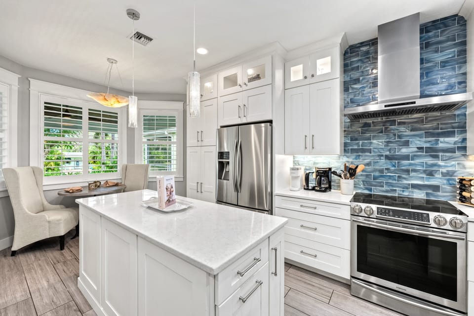 The kitchen is ready for anything - morning pancakes or sunset seafood feasts.