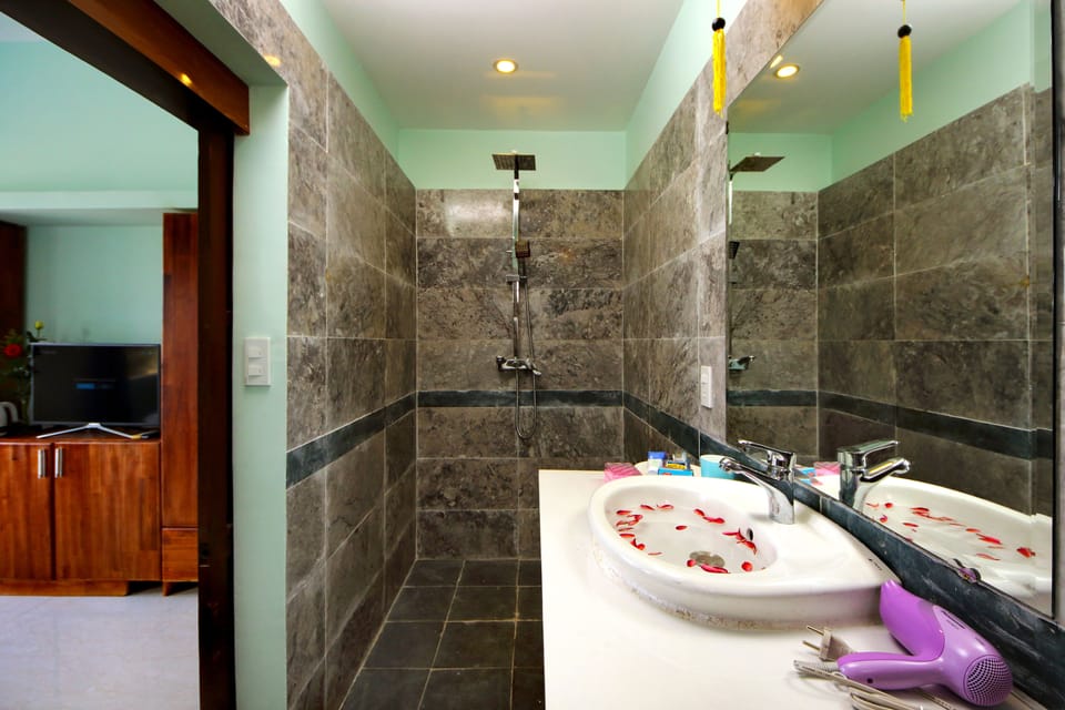 Shower, hydromassage showerhead, free toiletries, hair dryer