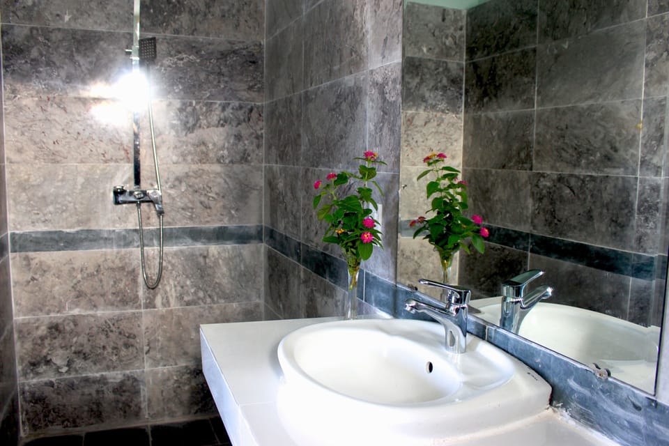 Shower, hydromassage showerhead, free toiletries, hair dryer
