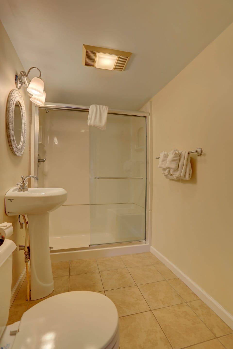 Shower, free toiletries, towels, soap