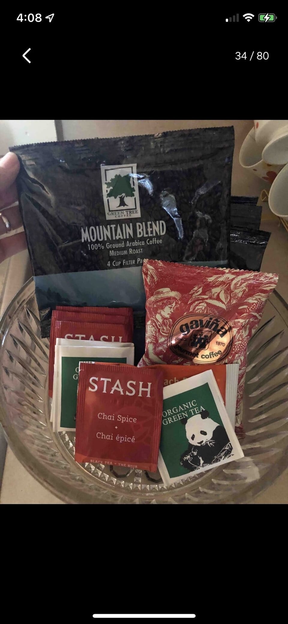 Complementary coffee tea creamer sugars granola bars popcorn etc varies 