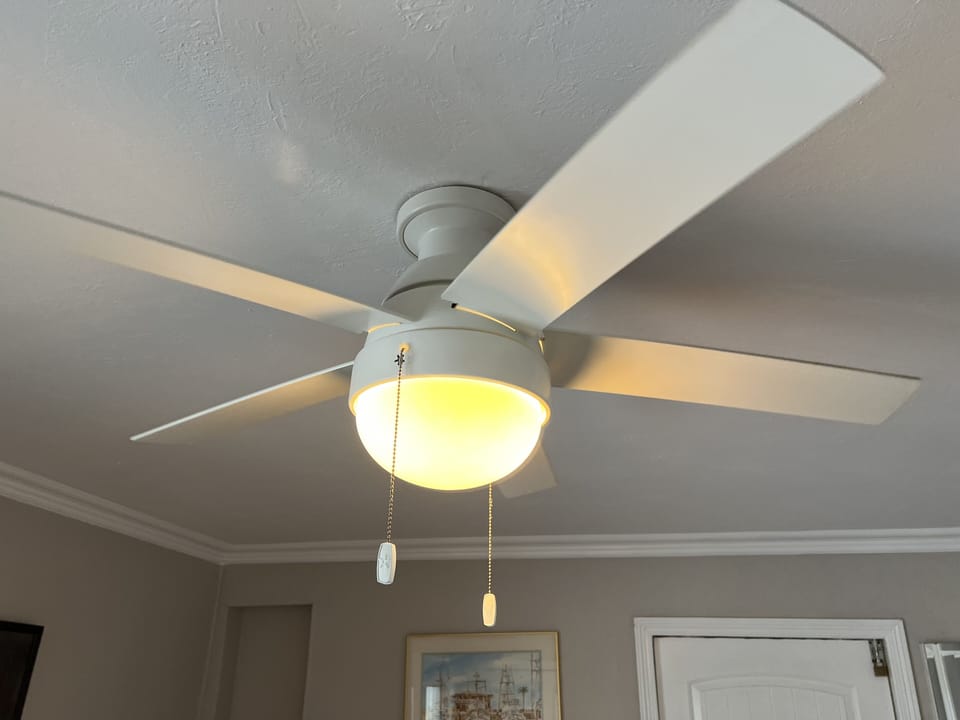 Both bedrooms, family room, and dining room have ceiling fans. 