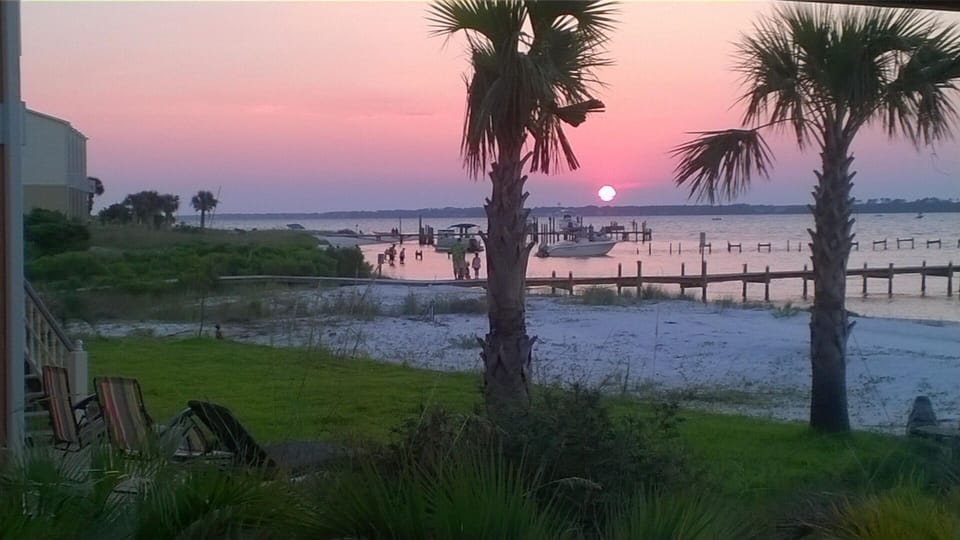 Sunset of bay off back deck